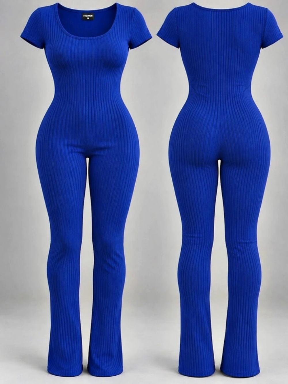 Blue Ribbed Short Sleeve Jumpsuit